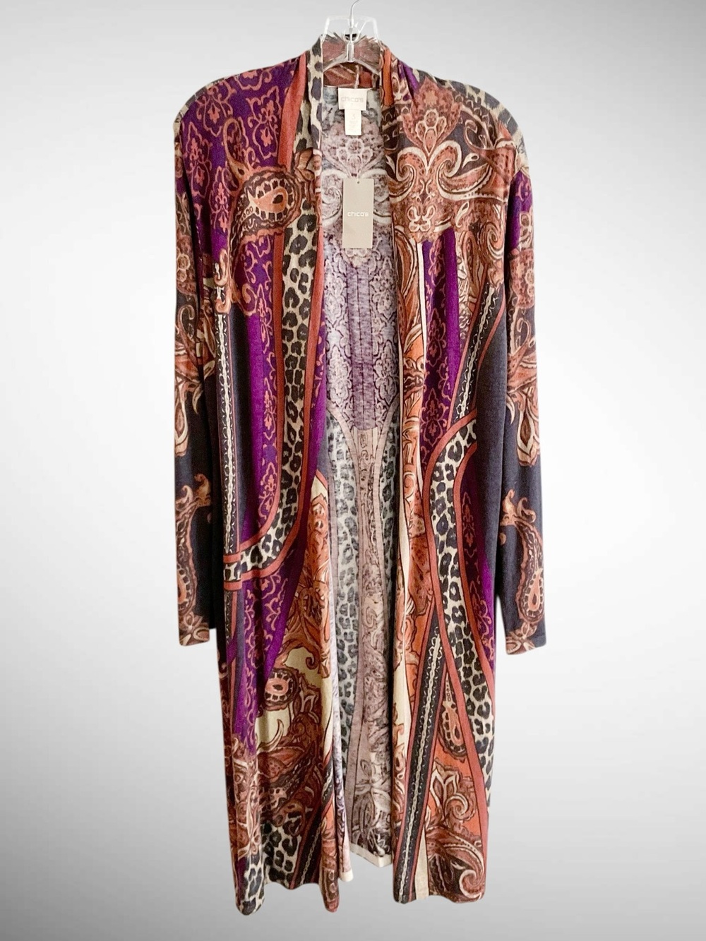 Chico’s Scroll-Print Open-Front Duster Cardigan Long Sleeves
